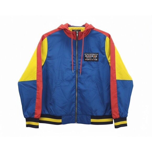 Forever 21 Mens Sz XL Blue Red Yellow Hooded Full Zip Color Block Patch Jacket - Picture 2 of 5